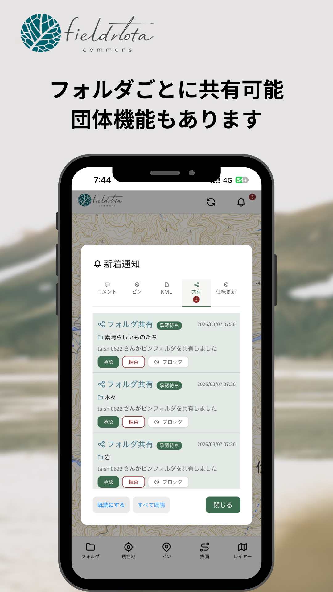 フォルダ共有の承認・拒否・ブロックを選べる新着通知